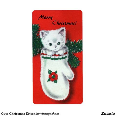 Cute Christmas Kitten Label Christmas Illust, Cat Christmas Cards, Vintage Kitten, Retro Christmas Cards, Vintage Holiday Cards, Christmas Kitten, Retro Graphics, Meowy Christmas, Christmas Graphics