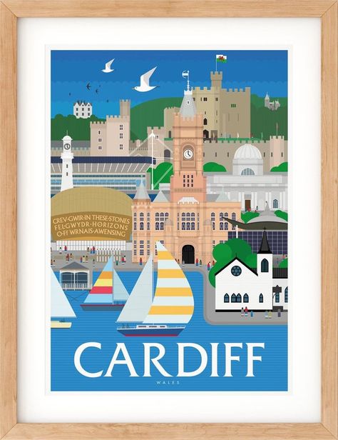 Brighton Beach Uk, Art Deco Travel Posters, Cardiff Castle, Cardiff Bay, Wales Travel, Cardiff Wales, Brighton Beach, Travel Postcard, Retro Travel Poster