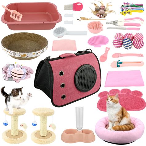 PRICES MAY VARY. 【Kitten Cat Starter Kits】The set includes cat litter box*1, cat bed*1, cat litter shovel*1, 2-in-1 bowl*1, shedding slicker brush*1, bath brush*1, cat food shovel*1, cat strip spoon*1, cat teaser*，nail clipper*1, chest strap*1, cat mat*1, cat bath towel*1, cat bag*1,scratch pad*2,cat toys*7,bowknot collar*5, sisal ball of random color*6. Enough to meet the needs of novice cat owners. 【Cat Essentials for Starter】This set of new cats and kittens is perfect for those new to cat own New Kitten Essentials, Amazon Cat Finds, Cat Things Products, Kitty Supplies, Cat Necessities, Cute Cat Accessories, Kitten Essentials, Cat Room Decor, Kitten Supplies