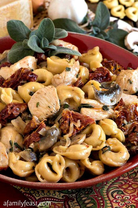 Creamy Tortellini and Chicken with Sun-Dried Tomatoes - A quick and easy meal made with pantry ingredients. Tortellini And Chicken, Tortellini Alfredo, Sundried Tomato Chicken, Creamy Tortellini, Cabbage And Noodles, Spinach Tortellini, Tortellini Bake, Italian Tomato Sauce, Chicken Tortellini