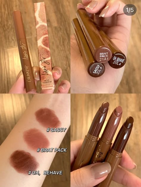 Colourpop Glowing Lip, Colourpop Lippie Stix Swatches, Brown Lippies, Brown Lipstick Swatches, Colourpop Lipstick, Simple Makeup Tips, Lipstick Kit, Brown Lipstick, About Skincare