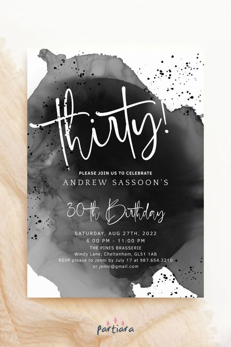 Self-editable 5x7" invite - follow the link for details and free demo! ♦ Easily edit online in your browser then download and print or send digitally ♦ Thirty! Dress up and welcome sophistication to a black-tie dinner party, beginning the celebration with this smart 30th birthday invitation ♦ #blacktieparty #blackwhitebirthday #allblackparty #30thbirthdayinvite #elegantmensinvite #menseditableinvite #blackwhitelunch #mens30thbirthday #dinnerpartyinvite #30thinvitations Black Tie 30th Birthday Party, 30th Birthday Invites For Men, Black And White 30th Birthday, Black Tie Birthday, 30th Invitation, Black Tie Dinner Party, Birthday Party Invite Template, 18th Party Ideas, Birthday Party Menu