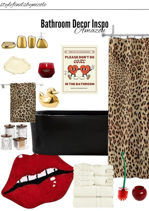 Shop for recommended products from StylefindsbyNicole on www.amazon.co.uk. Learn more about StylefindsbyNicole's favourite products. Red And Cheetah Bathroom, Red Aesthetic Bathroom, Red Themed Bathroom, Cheetah Print Bathroom Ideas, Leopard Print Bathroom Ideas, Cherry Bathroom Ideas, Cheetah Bathroom Decor, Black And Red Bathroom Ideas, Black And Red Bathroom