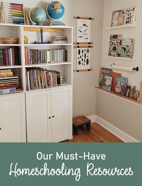 Round Homeschool Table, Home School Book Shelf, Montessori Art Supplies Organization, Must Have Homeschool Supplies, Homeschool Art Supplies Organization, Homeschooling Must Haves, Home School Must Haves, Homeschool Bookshelf Organization, Homeschool Cabinet Organization