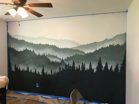 Painted Forest Wall, Mountain Wall Painting, Treehouse Bedroom, Reading Lounge, Wall Painting Designs, Painted Forest, Nursery Wall Painting, Mountain Wall Mural, Wall Murals Diy