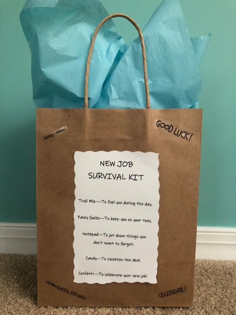 Employee Survival Kit Ideas, New Job Survival Kit For Her, New Job Gifts Ideas For Her, New Job Gift Basket, Paper Bag Ideas, New Job Survival Kit, Survival Kit Ideas, Survival Pack, Fancy Socks