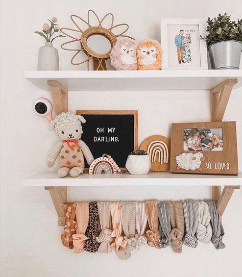 Blush Neutral Nursery, Toddler Shelf Decor, Boho Nursery Shelves, Baby Girl Nursery Simple, Simple Baby Girl Nursery, Baby Room Shelf, Letter Board Baby, Boho Baby Girl Nursery, Shelf Wall Decor