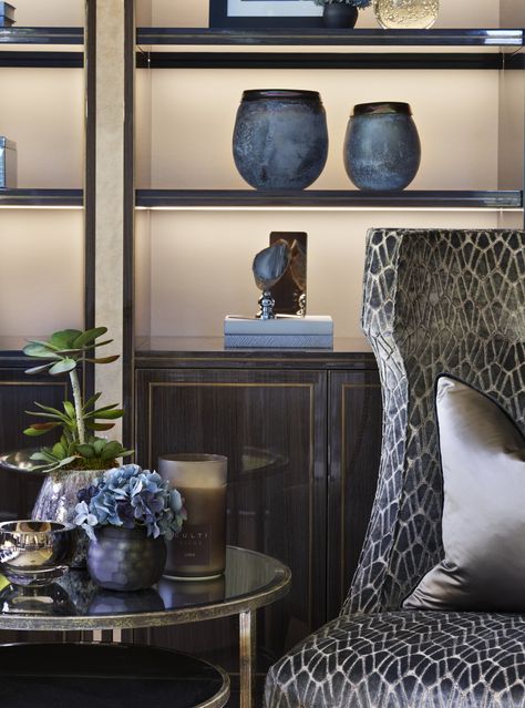 Bespoke Cabinetry, Crystal Fabric, Fabric Chairs, Joinery Design, Kensington Gardens, Blue Accessories, Luxe Interiors, Luxury Homes Interior, The Midnight