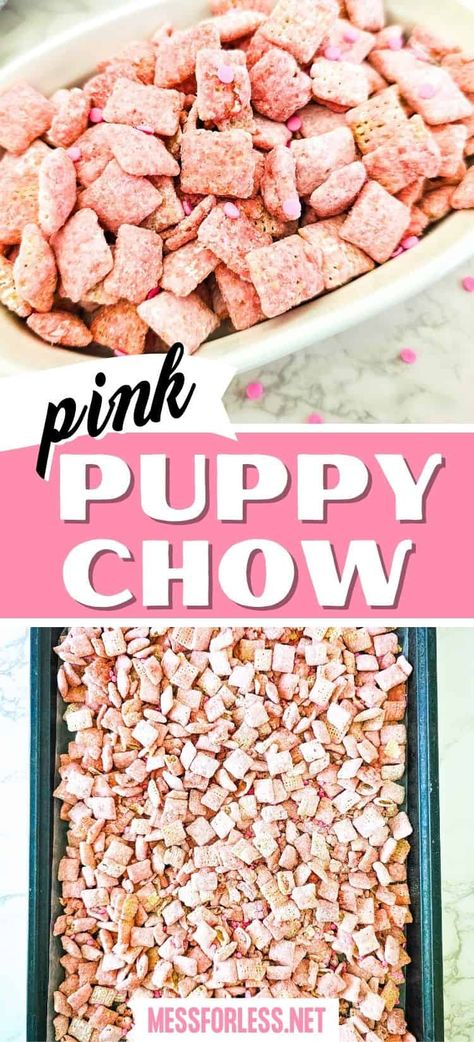 Looking for a fun and easy snack? Try our Pink Puppy Chow recipe! This sweet and crunchy treat is perfect for parties, movie nights, and more. Unicorn Puppy Chow, Strawberry Shortcake Puppy Chow, Strawberry Puppy Chow, Pink Puppy Chow Recipe, Pink Puppy Chow, Pink Party Snacks, Pink Popcorn Recipe, Puppy Chow Crispix Recipe, Puppy Chow Chex Mix Recipe