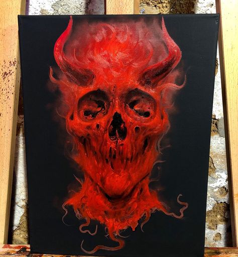 Skull Head Art, Dark Sketchbook, Horror Paintings, Horror Painting, Scary Paintings, Tattoo Skulls, Creepy Paintings, Dark Painting, Halloween Canvas Art