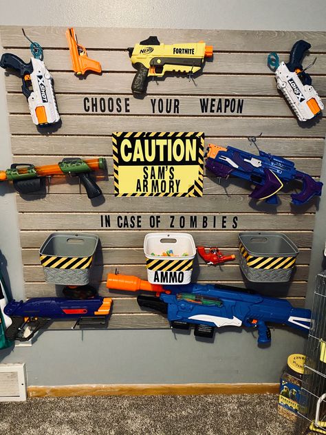 Nerf Armory Wall, Hunting Cabinet, Nerf Storage, Jam Room, Sports Nursery, Army Room, Boy Mama, Toy Room, Toy Rooms