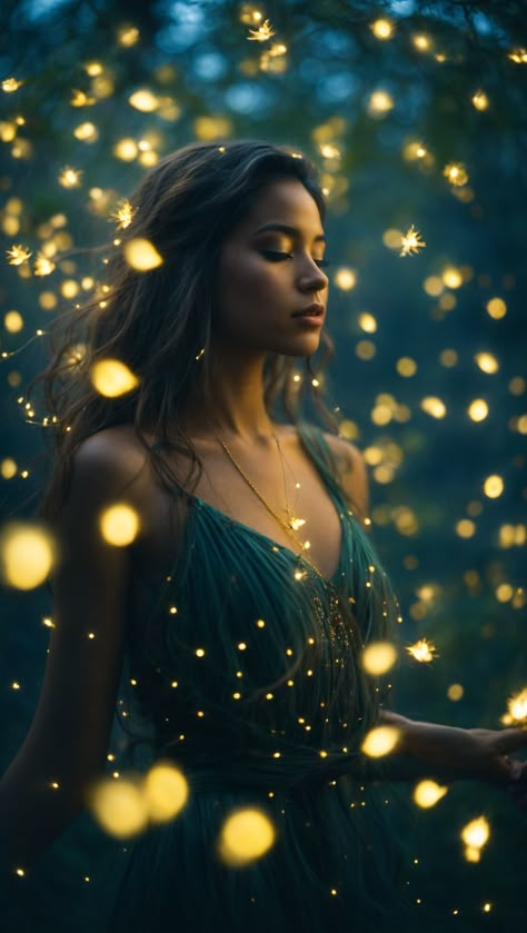 Magic Woman Aesthetic, Twilight Photoshoot Ideas, Firefly Photoshoot, Dreamy Photography Nature, Firefly Aesthetic, Fireflies Aesthetic, Fairy Photoshoot Ideas, Magical Photoshoot, Ethereal Photoshoot