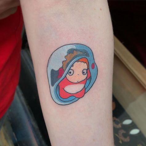 Ponyo Jar Tattoo, Ponyo In Bubble, Studio Ghibli Tattoos Color, Studio Ghibli Tattoo Ponyo, Ponyo Jellyfish Tattoo, Bluey Tattoos, Traditional Tattoo Crow, Ponyo Tattoo, Miyazaki Tattoo