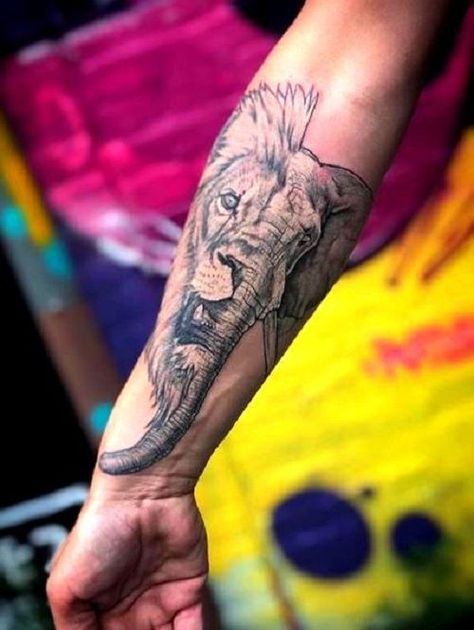 Men Elephant Tattoos, Half Elephant Half Lion Tattoo, Elephant Lion Tattoo, Lion Elephant Tattoo, Lion And Elephant Tattoo, Elephant And Lion Tattoo Ideas, Elephant Tattoos Men, Lion And Elephant, Lion Tattoo Ideas