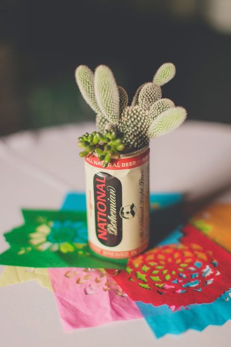 Skip the flowers + glassware. Go simple with cacti + succulents in a vintage beer can. Cactus Cooler, Cactus Centerpiece, Creative Planters, Tiny Gardens, Fence Toppers, Easy Wedding Planning, Cactus Diy, Spring Centerpiece, Outdoor Wedding Reception