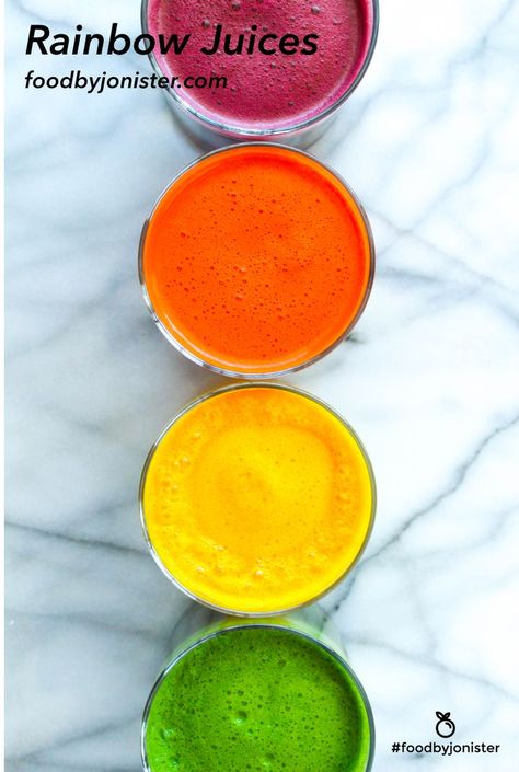 3-Ingredient Rainbow Juices: Green Juice, Yellow Juice Orange Juice and Beet Juice | #foodbyjonister Juicing Combinations, Vegetable Rainbow, Purple Juice, Yellow Juice, Paleo Smoothies, Vegetable Juice Recipes, Red Juice, Paleo Drinks, Spinach Juice