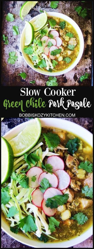 Slow Cooker Green Chile Pork Posole is made with fresh roasted poblano and Anaheim chiles from www.bobbiskozykitchen.com Green Posole Recipe, Pork Posole Recipe, Posole Soup, Green Chile Pork, Pork Posole, Posole Recipe, Roasted Poblano, Paleo Slow Cooker, Mexican Soup