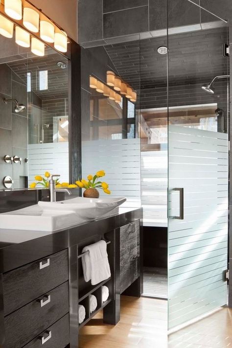 small bathroom ideas modern shower enclosure black vanity cabinet Frosted Shower Doors, Bathroom Door Ideas, Glass Closet Doors, Glass Closet, Glass Shower Doors Frameless, Vanity Cabinets, Frosted Glass Door, Contemporary Bathroom Designs, Door Glass Design