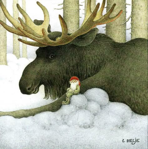 Älg o tomte Lennart Helje, Moody Painting, Swedish Christmas, Scandinavian Christmas, Magical Creatures, Christmas Elf, Christmas Art, Antlers, The Snow