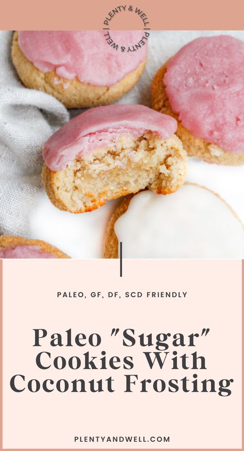 Paleo "Sugar" Cookies With Coconut Frosting — plenty and well Paleo Icing For Cookies, Aip Sugar Cookies, Paleo Icing, Aip Coconut Flour Cookies, Paleo Cutout Cookies, Aip Banana Cookies, Paleo Sugar Cookies, Scd Recipes, Coconut Frosting