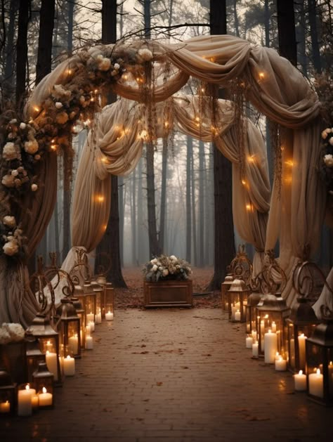 Victorian Forest Wedding, Wood Fairy Wedding, Fall Wedding In Woods, Colorado Boho Wedding, Brown Green Wedding Theme, Rustic Fantasy Wedding, Green Brown Wedding Theme, Fall Wedding In The Woods, Forrest Weddings Decoration