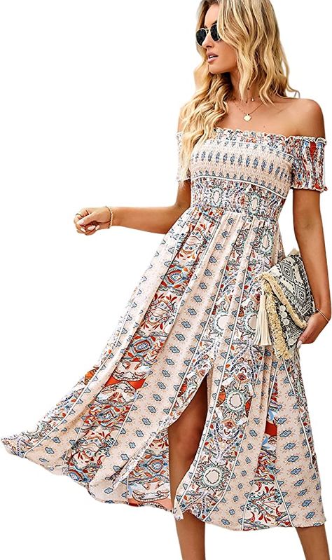 ROYUNA Women's Off The Shoulder Dresses Boho Flowy Smocked Maxi Sundress Bohemian Dress Casual, Womens Summer Dresses, Bohemian Print Dress, Dresses Off Shoulder, Styles Dress, Split Dress, Vintage Maxi Dress, Bell Sleeve Dress, Bohemian Dress