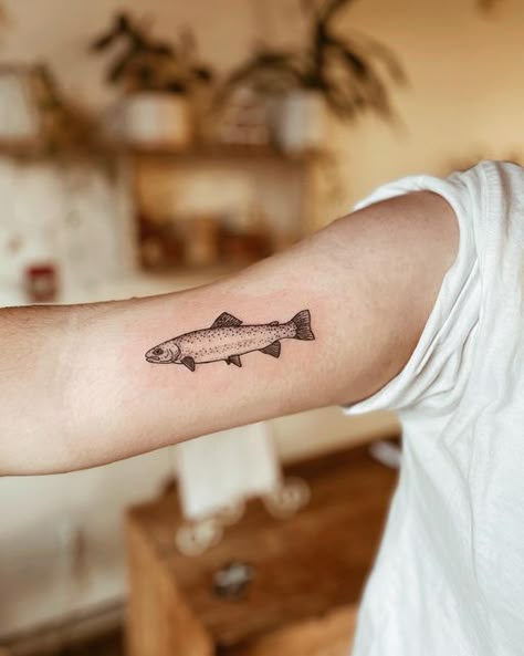 Striper Tattoos, Golden Trout Tattoo, Trout Fish Tattoo, Fish Tattoo Men, Fish Knee Tattoo, Sea Bass Tattoo, Unique Ankle Tattoos, Steelhead Tattoo, King Salmon Tattoo