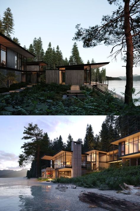 Situated on the Hood Canal in Washington State, you can find a beautiful contemporary beach home called the Surly Crab. From this beachfront property, you take in the breathtaking views of the Olympic Mountains and river in the west. A lovely forest with ferns, local plants, and fir trees may be found inland from the house. Photos: Notion Workshop/Eerkes Architects. Click on the photo to learn more😉 Mountains And River, Hood Canal, Olympic Mountains, Fir Trees, Nautical Home, Beachfront Property, Beach Home, Pool House, City Hall