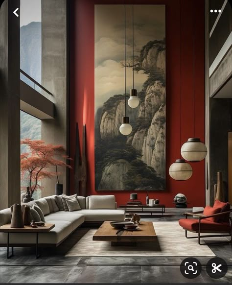 Asian Themed Living Room, Modern Chinese Living Room, Asian Style Living Room, Chinese Living Room, Chinese Interior Design, Chinese Style Interior, Japan Decor, Chinese Interior, House Color Palettes