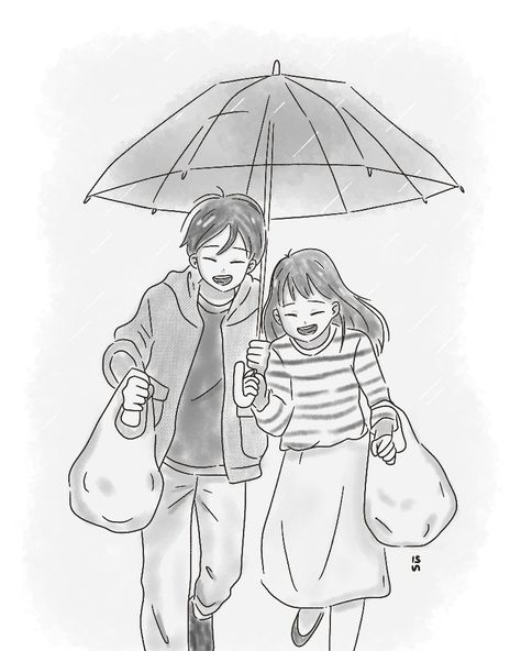 Illustrations of couple, raining, girl, boy, and cute. Couple Under Umbrella Drawing Anime, Couple Umbrella Drawing, Two People Under Umbrella Drawing, Couple In The Rain Drawing, Girl And Boy Best Friends Drawing, Girl And Boy Couple Drawing, Rain Aesthetic Drawing, Friendship Sketches, Couple With Umbrella