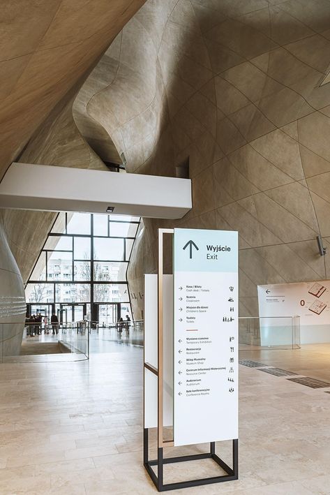 Wayfinding system in POLIN Museum on Behance Art Gallery Interior Exhibitions, Information Signage, Way Finding Design, Museum Branding, Wayfinding Signage Design, Gallery Interior, Wayfinding Signs, Directional Signage, Sign System