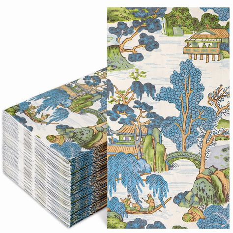 PRICES MAY VARY. WHAT YOU WILL GET: 100pcs guest paper napkins are contained in the set, delicate designs that make it suitable for the use on parties and dinner tables, sufficient quantity to meet your different needs. VINTAGE CHINOISERIE DESIGN: Our paper napkins are patterned with landscapes in vintage chinoiserie style, vivid and lively, perfect for party table decor to delight and impress your guests. SAFE MATERIAL: Made of good quality paper, soft and degradable, not easy to tear, and they Chinoiserie Bathroom Decor, Chinoiserie Napkins, French Napkins, White Dinning Room, Chinoiserie Party, Chinoiserie Bathroom, Sushi Dinner, Napkins Paper, Chinoiserie Design