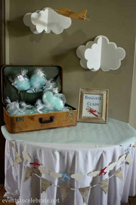 Airplane Themed Games, Airplane Party Table Decor, Airplane Birthday Party Favors, Vintage Plane Baby Shower Ideas, Baby Shower Planes Theme, Cloud Favors, Plane Themed Baby Shower Ideas, Airplane Theme Baby Shower Decor, Airplane Themed Baby Shower Ideas