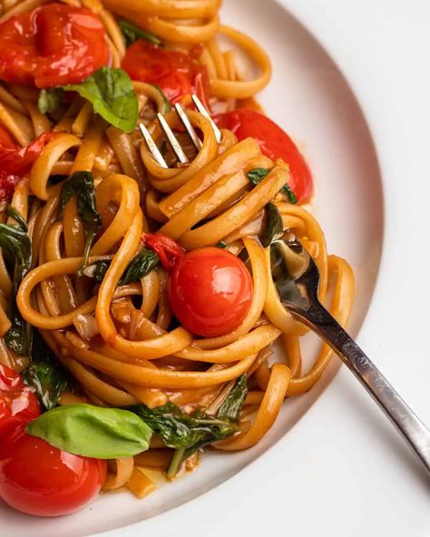 Balsamic Cherry Tomato Pasta - The Burnt Butter Table Tomato Balsamic Pasta, Balsamic Vinegar Pasta, Brie Cherry Tomatoes Pasta, Brie Tomato Basil Pasta, Cherry Tomato And Basil Pasta, Bursting Tomato Burrata Pasta, Pasta With Butter, Balsamic Cherries, Pasta With Garlic