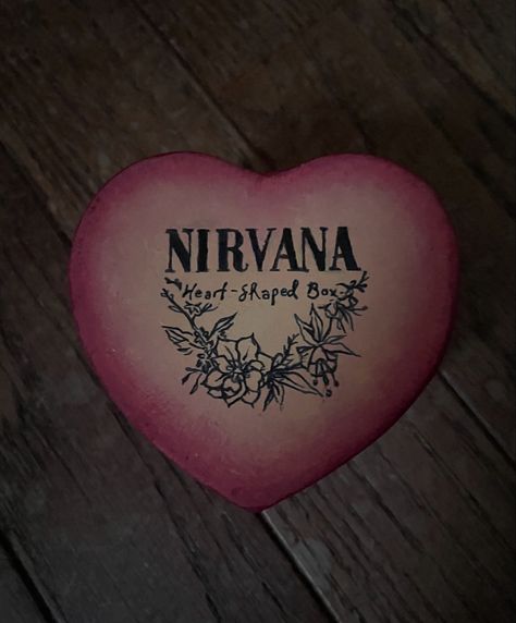 Diy Nirvana Gifts, Heart Shaped Box Painting Ideas, Nirvana Heart Shaped Box Art, Nirvana Birthday Cake, Nirvana Gift Ideas, Heart Box Painting Ideas, Heart Shaped Box Diy, Nirvana Birthday, Grunge Gifts Ideas