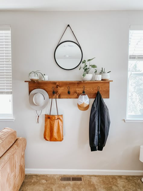 DIY 4’3” shelf with hooks for entryway Wall Shelf With Hooks Bedroom, Shelf Hooks Entryway, Entryway Shelves With Hooks, Hooks With Shelf Above, Coat Hook With Shelf, Diy Entry Hooks, Mirror And Coat Hooks, Shelf And Hooks Entry Ways, Entry Way Shelf And Hooks