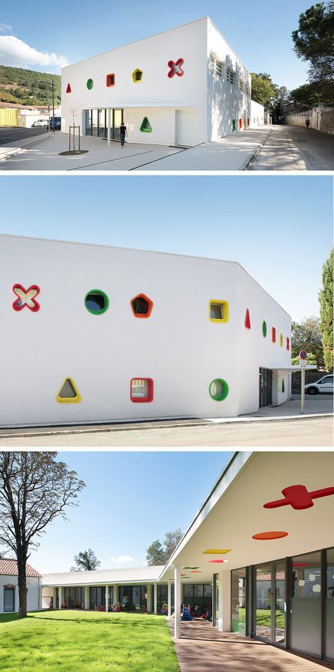 This Fun-Filled Childcare Center Is Like A Big Toy Box // France Kindergarten Facade Design, Kindergarten Facade, School Design Architecture, Children Architecture, Kindergarten Building, Manor Mansion, Kids Architecture, Kindergarten Architecture, Office Commercial