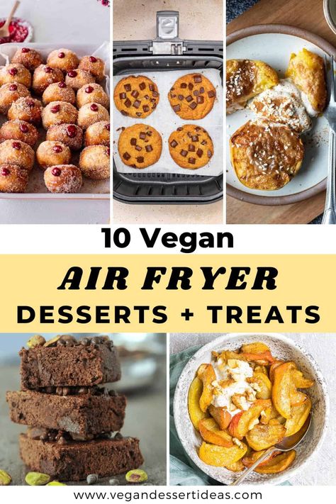 Looking for air fryer recipes? These vegan air fryer desserts are perfect for summer, as they are all quick and easy to make without turning the oven on! Includes ideas like vegan airfryer donuts. cookies, cinnamon apples and more... All these recipes are plant-based, dairy-free and eggless too! These simple recipes prove that you can make desserts and sweet treats in the air fryer! Vegan Air Fryer Desserts, Vegan Airfryer Recipe, Airfryer Cake, Vegan Airfryer, Air Fryer Treats, Egg Free Dessert Recipes, Quick Vegan Desserts, Airfryer Recipe, Vegan Air Fryer Recipes