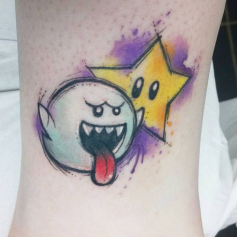 Josie Sexton on Instagram: “Ahh I love Boo, had lots of fun with this, part one of a matching tattoo :3 thanks Hayley #watercolor #watercolourtattoo #watercolour…” Bhuddist Tattoos, Boo Nintendo, Boo Tattoo, Super Mario Tattoo, Nintendo Tattoo, Cute Tattoo Ideas, Peach Tattoo, Mario Tattoo, Sketchy Tattoo