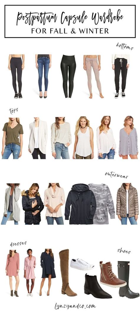 Postpartum capsule wardrobe Nursing Mom Capsule Wardrobe, Nursing Capsule Wardrobe Fall, Best Post Partum Clothes, Post Parting Outfits, Post Partum Work Outfit, Post Birth Outfit, Breastfeeding Outfits Fall, Winter Breastfeeding Outfits, Breastfeeding Outfits Winter