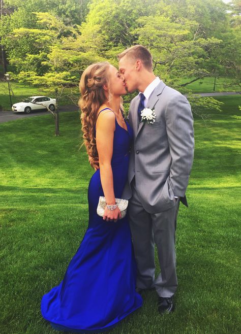 Royal Blue And Grey Prom Couple, Prom Dresses Royal, Prom Dresses Royal Blue, Grey Tux, Hoco Pictures, Prom Tux, Prom Blue, Royal Blue Prom Dress, Royal Blue Prom