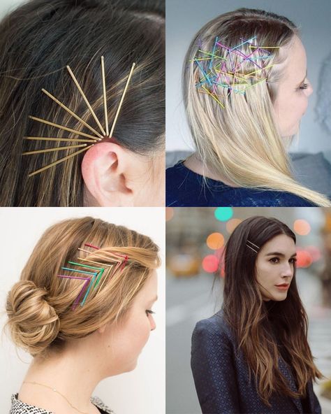 Colored Bobby Pins Hairstyles, Multiple Bobby Pins In Hair, Colorful Bobby Pins Hairstyles, Bobbypins Hairstyles Long Hair, Gold Bobby Pins Hairstyles, Tiny Hair Clips Hairstyles, Fancy Bobby Pins, Hairpin Hairstyle, Hair Mistakes