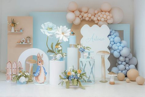 Peter Rabbit Birthday Party  | CatchMyParty.com Peter Rabbit Decorations, Peter Rabbit Balloons, Rabbit Theme Party, Peter Rabbit Theme Party, Peter Rabbit Birthday Party, Rabbit Birthday Party, Balloon Birthday Themes, Twodles Birthday, Peter Rabbit Birthday