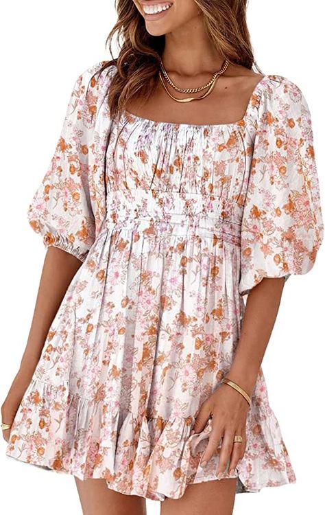 Dokotoo Women's Square Neck Dress Tie Back Shirred Elastic Waist Long Lantern Sleeve Ruffle A-Line Mini Dress Casual Sexy Dress Pink Large at Amazon Women’s Clothing store Floral Dress Prom, Boho Short Dress, Square Neck Mini Dress, Luxurious Dress, Causal Dresses, Mini Dress Outfits, Lantern Sleeve Dress, Square Neck Dress, Lady Fashion