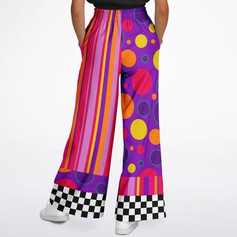 FREE SHIPPING ON ORDERS OVER $100USDDue to high demand please allow 3-4 weeks for shipping! **Shipping of this product to the EU is currently not available** These wonderfully bright, high waisted flared pants is the ultimate essential for every artist, performer or entertainer. The bright colours makes it easy to pair with most coloured tops. The material hangs beautifully and long for a gorgeous flattering fit. The elastic waistband has plenty of stretch and the and the drawstring closure hold Red And Yellow Striped Pants, Bright Colorful Clothing, Kidcore Pants, Clown Core Fashion, Bright Color Fashion, Trippy Fashion, Weirdcore Outfits, Chill Clothes, Bright Clothes