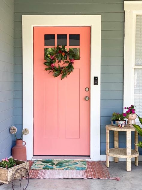 Front door paint color guava jelly by behr Bright Colored Homes Exterior, Guava Jelly Paint, Coral Pink Front Door, Coral Door Gray House, Coral Front Door Gray House, Blue House Coral Front Door, Peach Color Front Door, Peach Front Door Blue House, Behr Coral Paint Colors