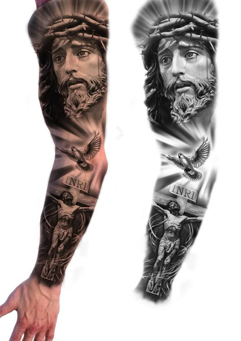 Religous Tattoo Leg, Jesus Tattoo Design For Men, Christ Tattoos For Men, Christian Sleeve Tattoo Men, Chicano Tattoos Men, Jesus Sleeve Tattoo, Jesus Christ Tattoo Designs, Jesus Forearm Tattoo, Jesus On Cross Tattoo