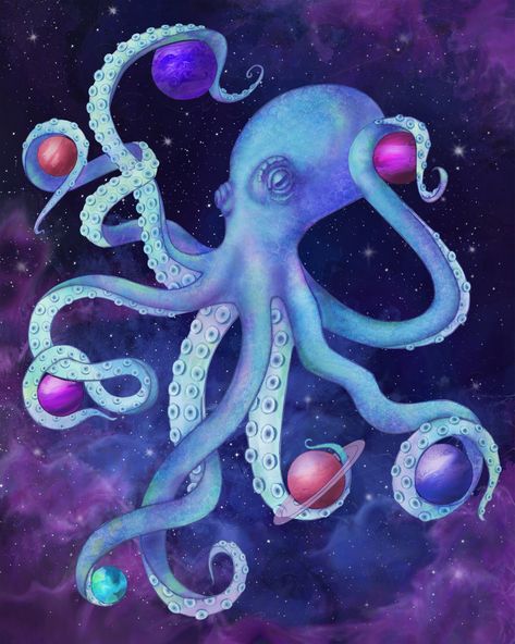 Octopus Wall Painting, Space And Ocean Art, Space Octopus Tattoo, Octopus Painting Acrylic Easy, Seaside Mural, Octopus Art Illustration, Octopus Art Painting, Octopus Art Project, Octopus Mural