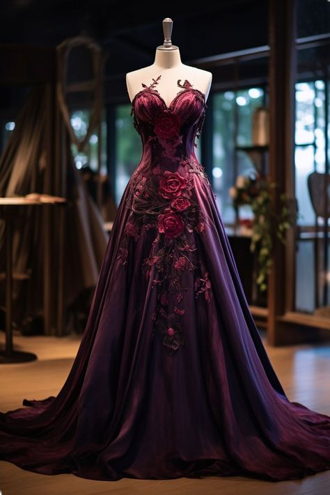 Magenta Princess Dress, Dark Purple Gown Elegant, Dark Purple Ball Gown, Gold Gala Dress, Violet Prom Dresses, Punk Wedding Dresses, Starfall Ball, Violet Gown, Red Dress Design