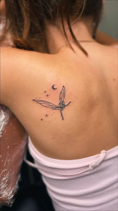 cute tattoo, pretty fairy, mystical, magic, ink, dainty Fairy Hip Tattoo, Pretty Fairy Tattoo, Fairy Tattoo Back, Fairy Dust Tattoo, Fairy Tattoos For Women, Small Fairy Tattoo, Fine Line Shoulder Tattoo, Winx Club Tattoo, Magic Tattoo Ideas